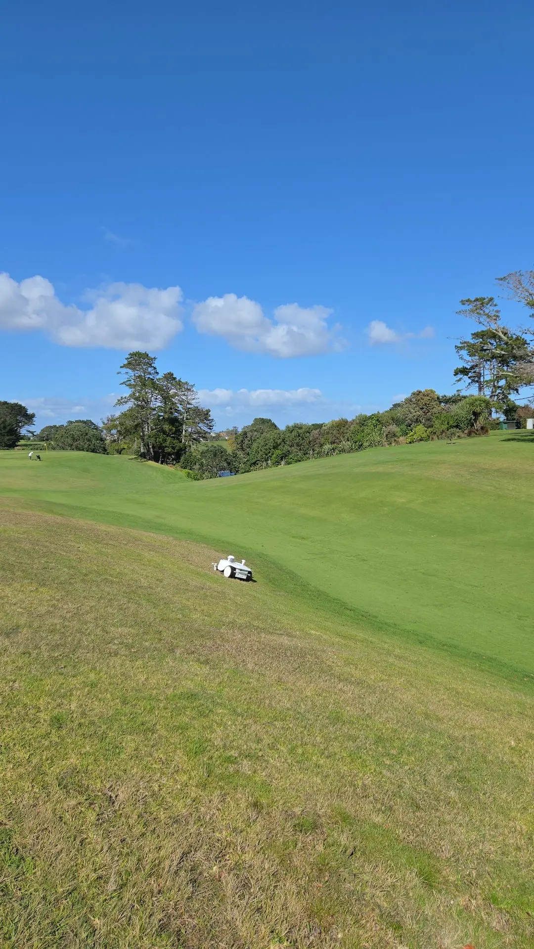 FJD Rough Ranger robotic mower working a slope at Howick Golf Club